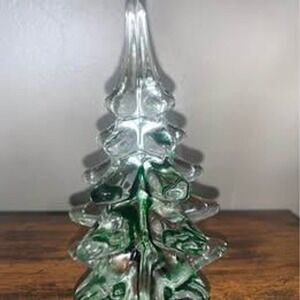 Vintage Green Ribbon Art Glass Evergreen Christmas Tree Figurine Hand Blown